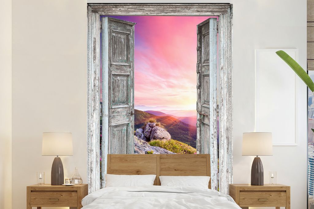 MuchoWow Fototapete für Wohnzimmer oder Schlafzimmer Wandtapete Vinyl Motivtapete Berge - Landschaft - Aussicht - Blumen - 195x300 cm - Das Hint...