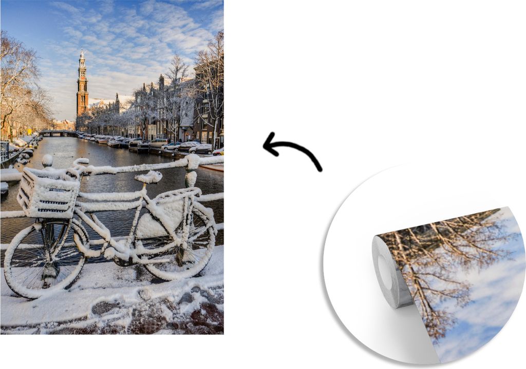 MuchoWow Fototapete für Wohnzimmer oder Schlafzimmer Wandtapete Vinyl Motivtapete Winterliche Impression der Prinsengracht - 175x260 cm - Vinylt...