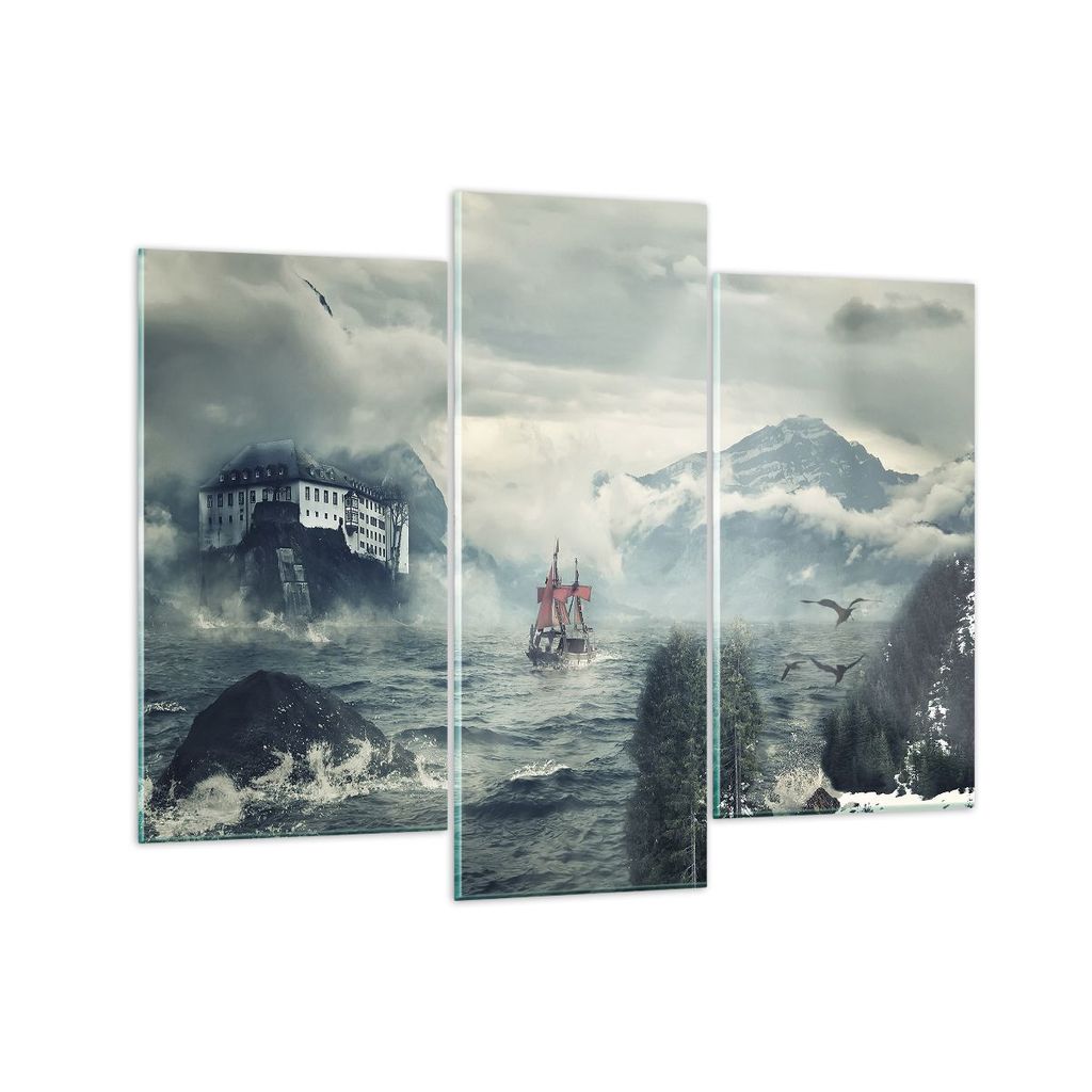 Bilder auf glas - 3 Teile - Sturm Berge Segelschiff - 130x100cm - Glasbilder - Wandbilder - Bilder - zum Aufhängen bereit - Wanddekoration aus Gla...