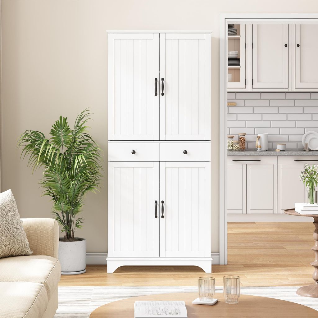 okwish Küchenschrank mit 2 Schubladen Hochschrank Bücherregal mit ausziehbaren Regalböden und Stauraum Aufbewahrungsschrank Viel Stauraum vorhan...