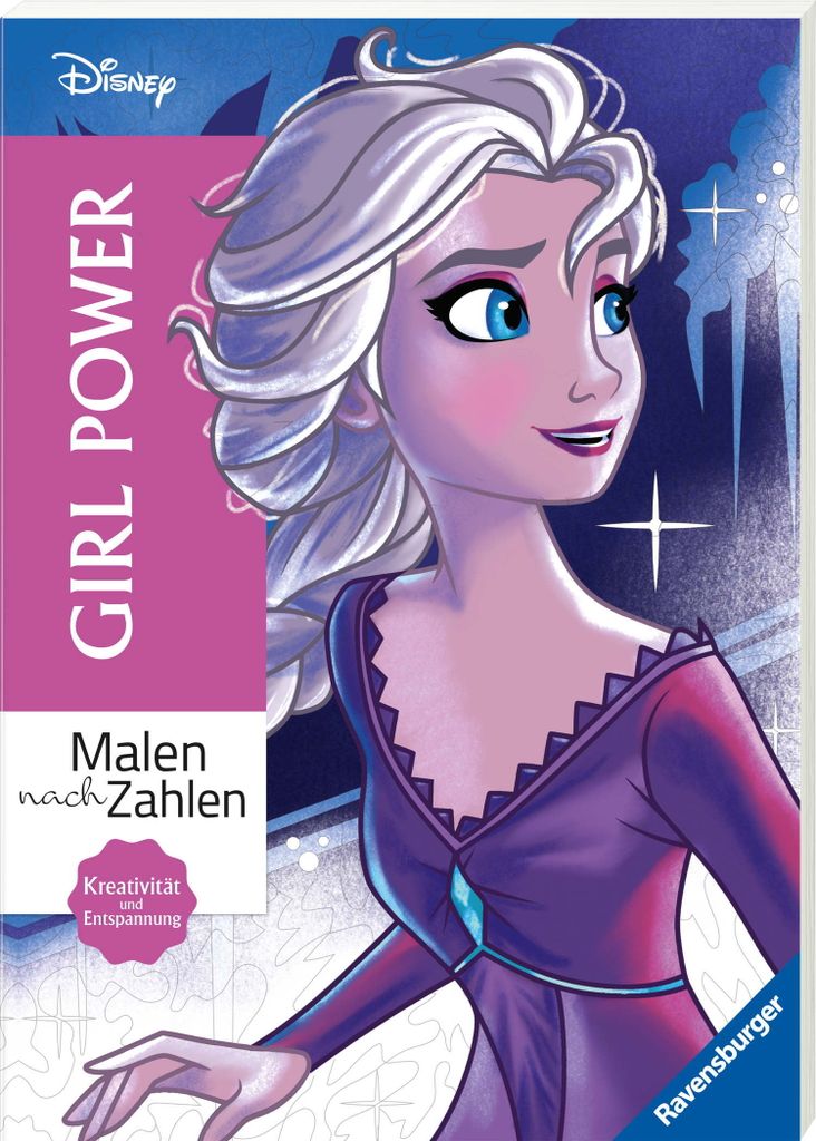 A book cover featuring Elsa from Frozen, with text indicating it's a 'Malen nach Zahlen' (Paint by Numbers) book with 'Girl Power' theme.