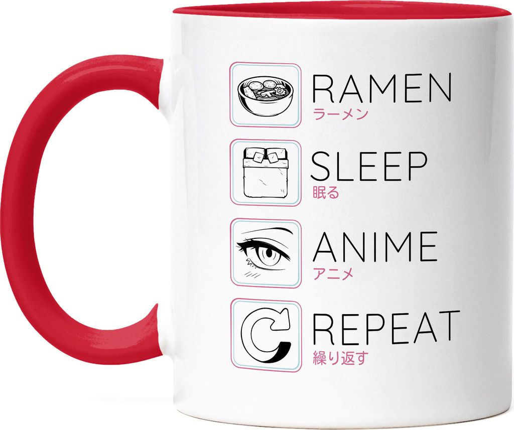 Ramen Sleep Anime Repeat Tasse Rot Japan Manga Otaku Baka Geschenkidee