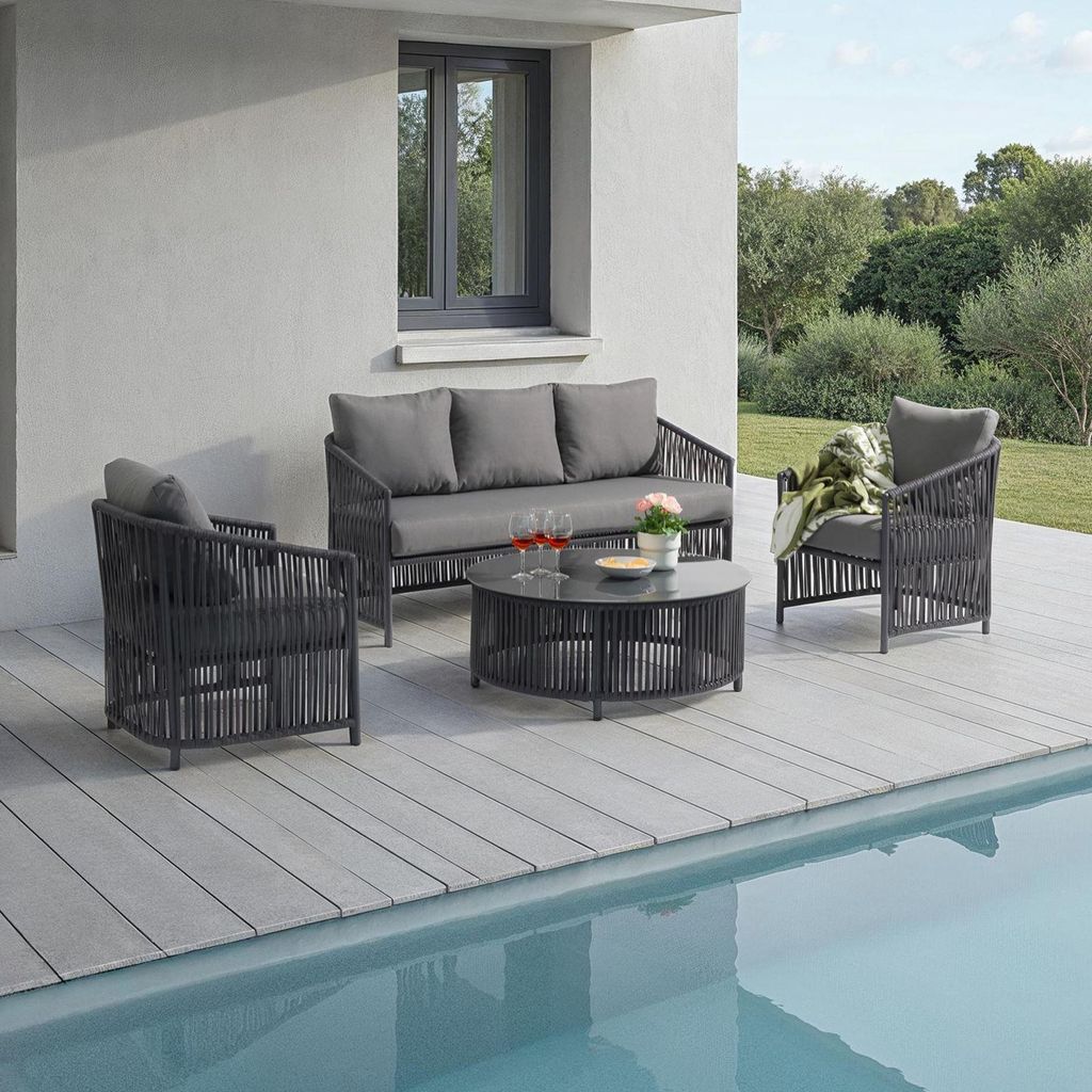 Outdoor Sofa Set KULO 4-teilig, grau – Lounge-Set aus Aluminium mit Rope-Bespannung, Couchtisch mit Glasplatte, inklusive 5 bequemer Kissen, wett...