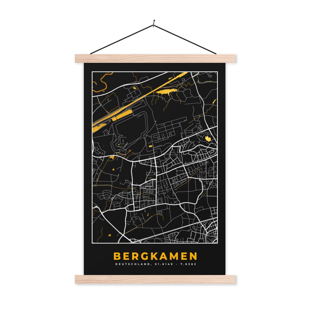 MuchoWow Textilposter Stadtplan - Karte - Bergkamen - Gold - Deutschland - Karte 120x180 cm mit holzfarbenen Rahmen - Textil-Plakat