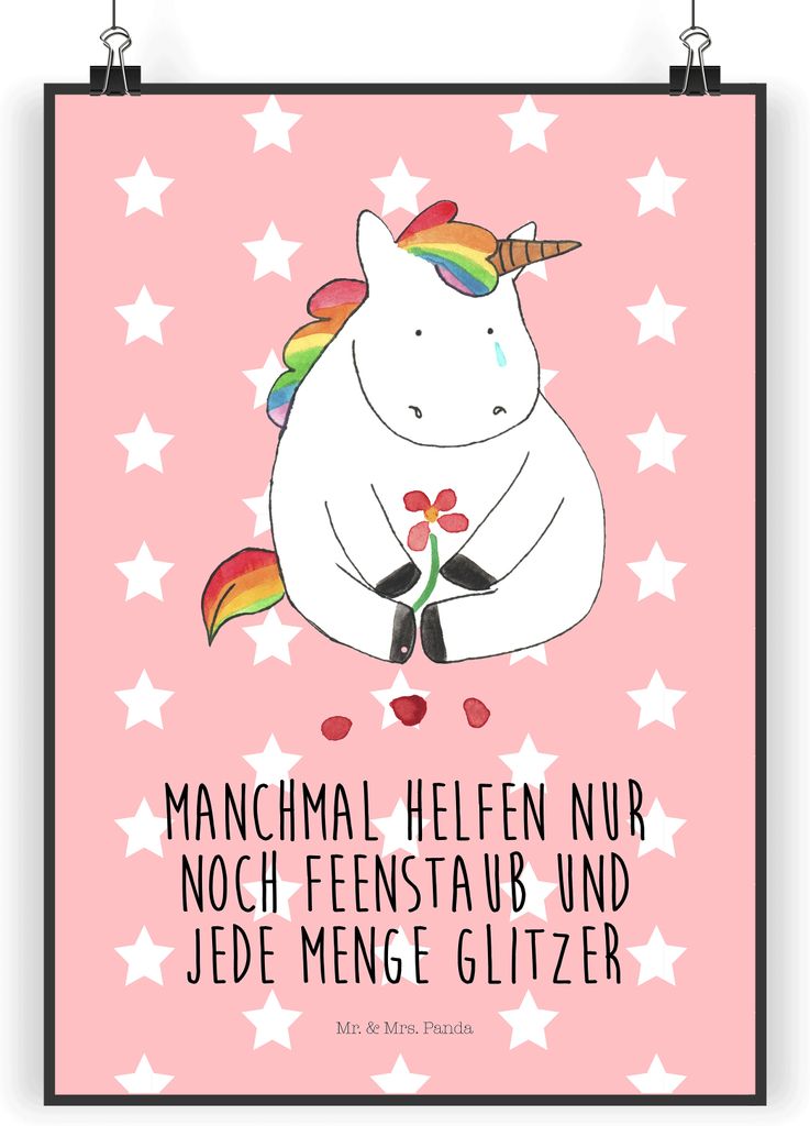 Mr. & Mrs. Panda Bild Einhorn Traurig DIN A3 - Rot Pastell - Geschenk, Wandbild, Freunde, Posterdruck, Trauer, Liebe, wanddeko, Unicorn, Kunstdruck...