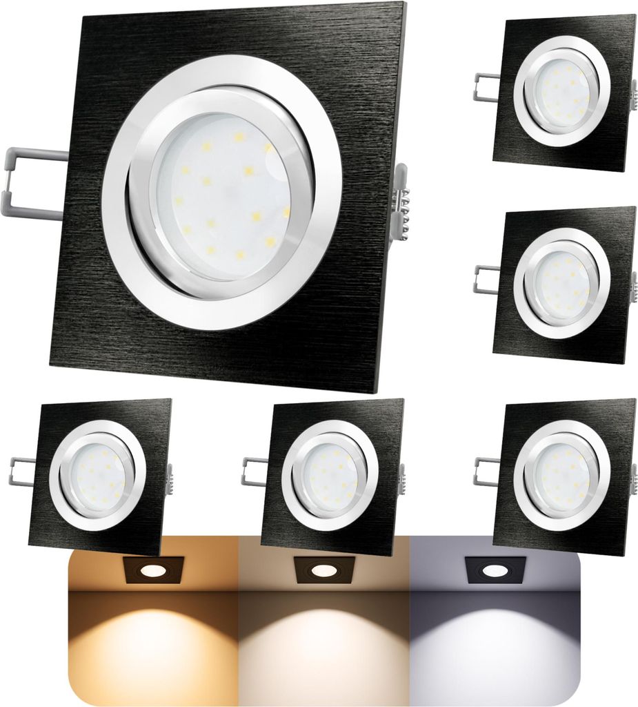 SSC-LUXon 6er Set LED Decken Einbaustrahler flach dimmbar 30mm - 3-in-1 Lichtfarbe umschaltbar - QF-2 eckig Alu schwarz gebürstet 230V 6W