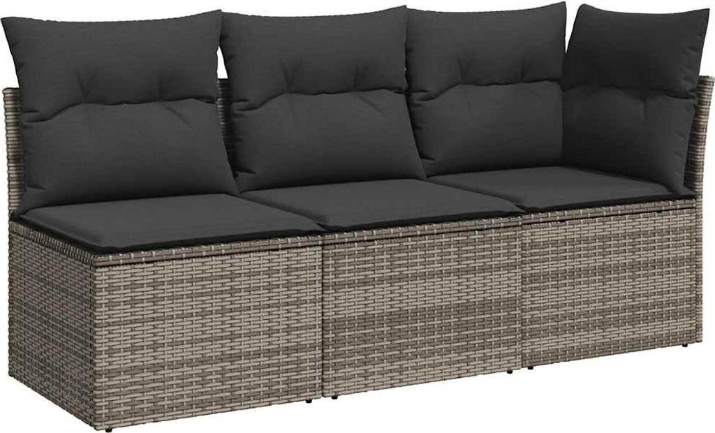 A three-seater outdoor sofa made of gray poly rattan with dark gray cushions.