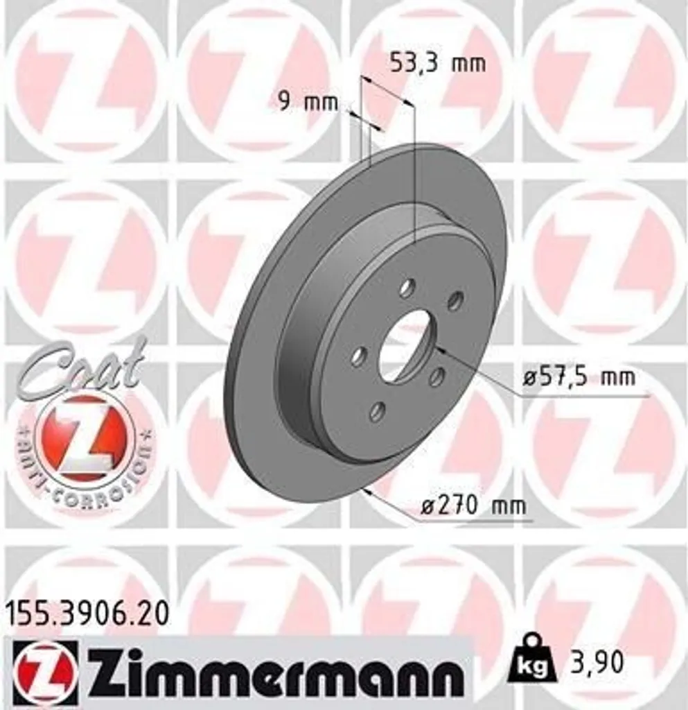 Disque de Frein Zimmermann 155.3906.20 Haute Résistance pour PT Cruiser