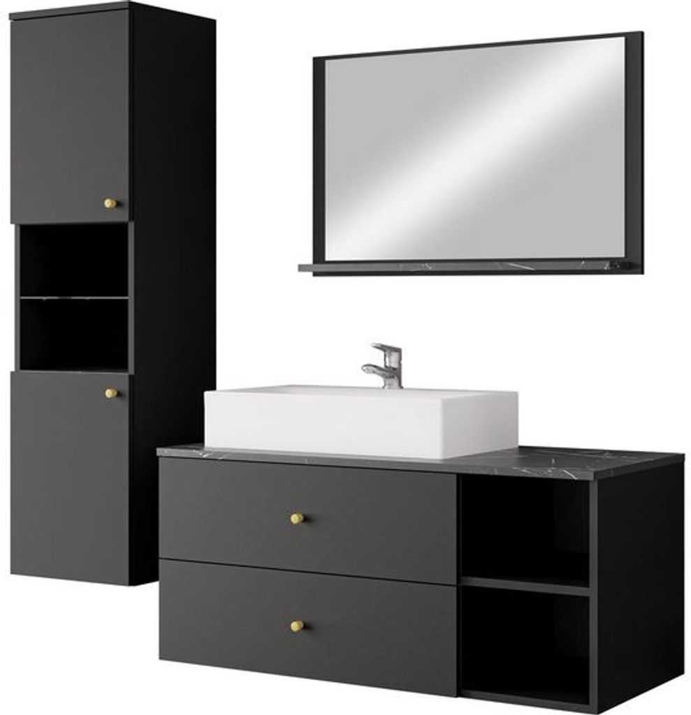 MIRJAN24 Badmöbel Kertos II, 4er-Set Badmöbel-Set, Spiegel, Waschbeckenschrank, Waschbecken, Aluminiumgriffe, Spihon (Farbe: Schwarz / Schwarz + ...