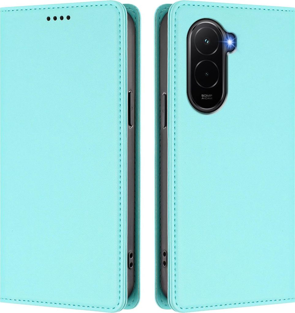 A turquoise flip phone case is shown from two angles, open and closed.