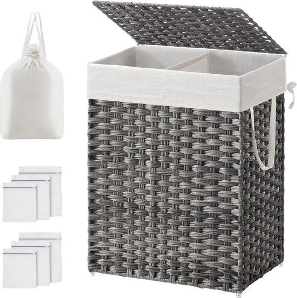 Panier à linge gris anti-odeur 2 compartiments 90L tressé à la main