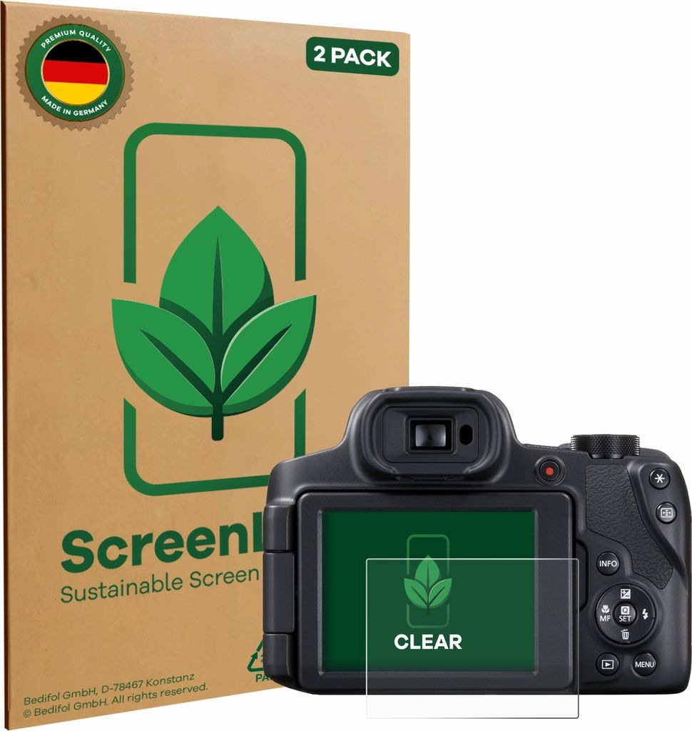 2x ScreenLeaf Schutzfolie für Canon PowerShot SX70 HS nachhaltiger Displayschutz Display Schutz Folie Klar Transparent