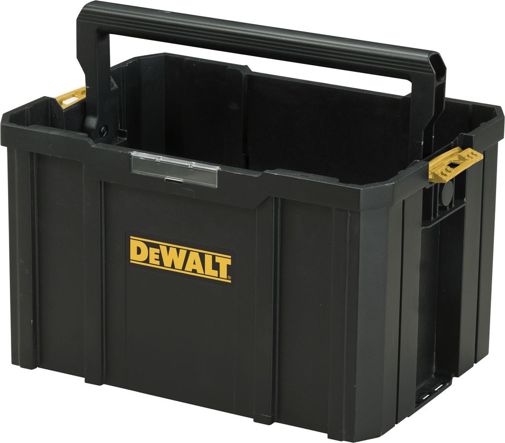 A black Dewalt tool carrier with yellow accents is shown against a white background.