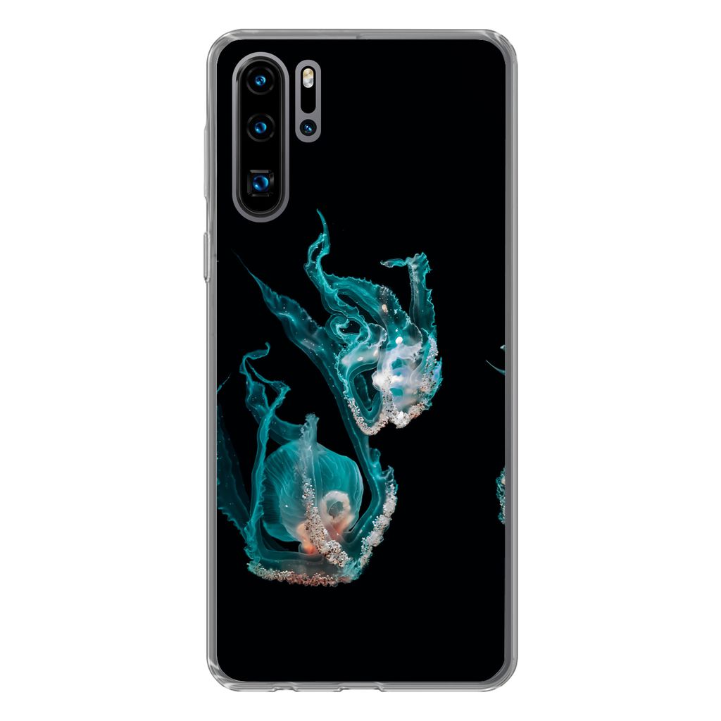 MuchoWow Handyhülle Schutzhülle Hülle für Huawei P30 Pro Quallen - Meerestiere - Schwarz Silikon Softcase Handy Hülle - Schutzdeckel