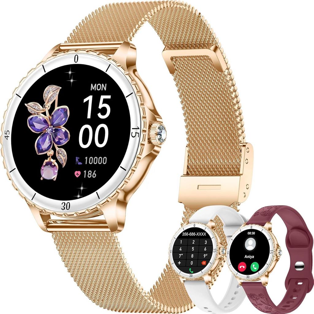 Smartwatch Damen mit Telefonfunktion, 1,27" AMOLED SpO2 Pulsuhr Menstruationszyklus Schlafmonitor, 110+ Sport Fitness Tracker IP67