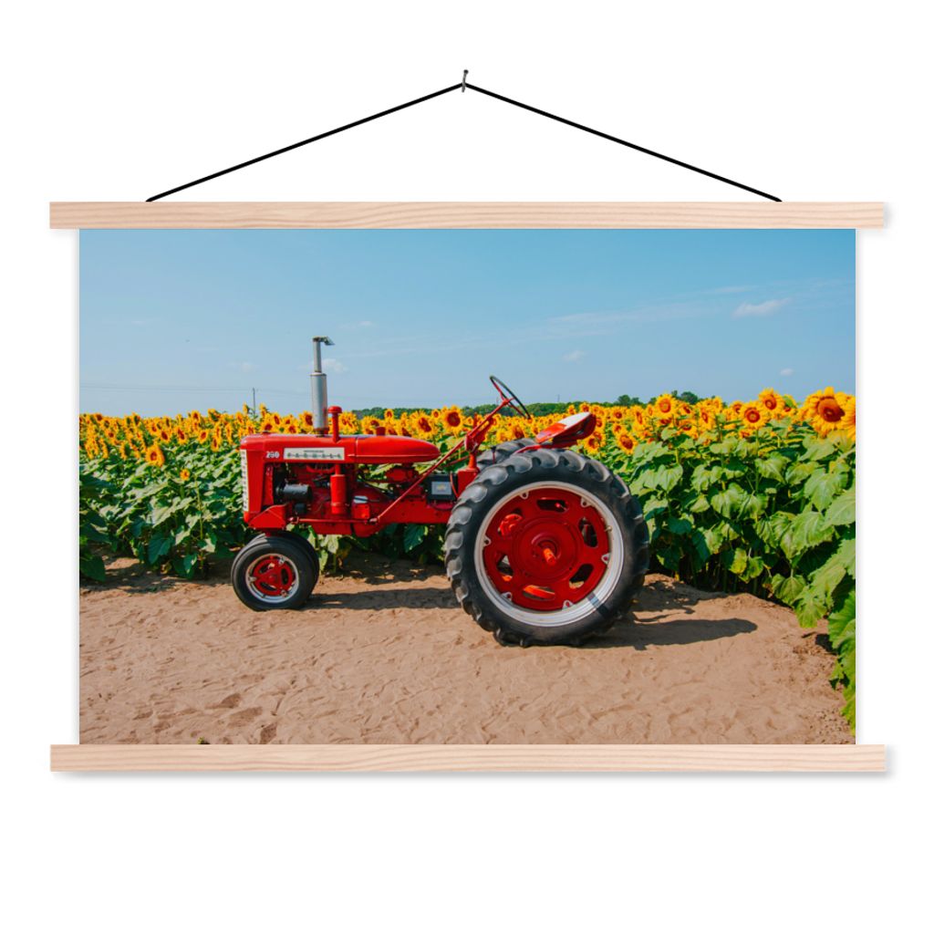 MuchoWow Textilposter Traktor - Rot - Sonnenblume - Bauernhof - Blumen 60x40 cm mit holzfarbenen Rahmen - Bilder