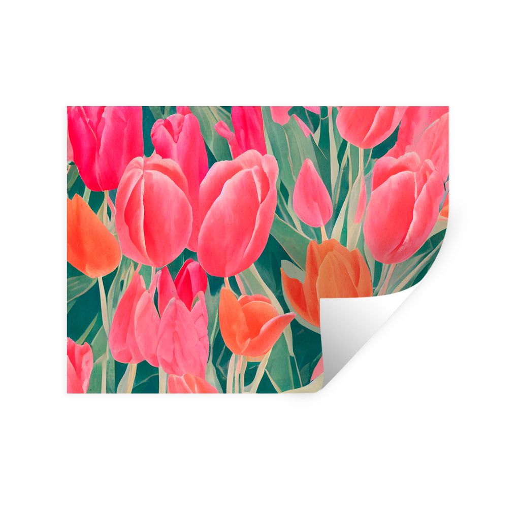 MuchoWow Wandtattoo Wandsticker Wandaufkleber Tulpen - Blumen - Rosa - Rot - Kunst 40x30 cm Selbstklebend und Repositionierbar - Faltenfrei