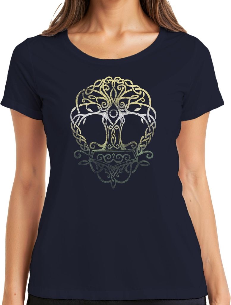 Thorhammer Wikinger Yggdrasil Lebensbaum keltischer Knoten Runen Damen T-Shirt, Navy, L