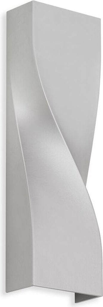 A silver LED outdoor wall light with a twisted design.