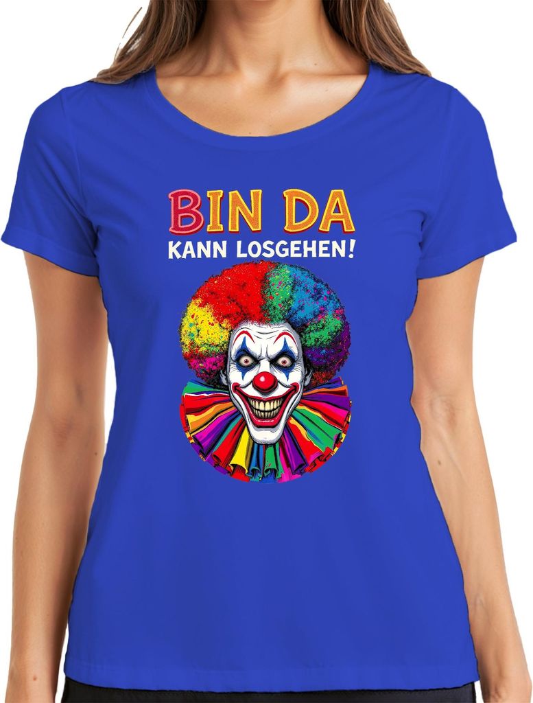 Bin da kann losgehen Clown Köln Karneval Jeck Fastnacht Narr Damen T-Shirt, Blau, XXL