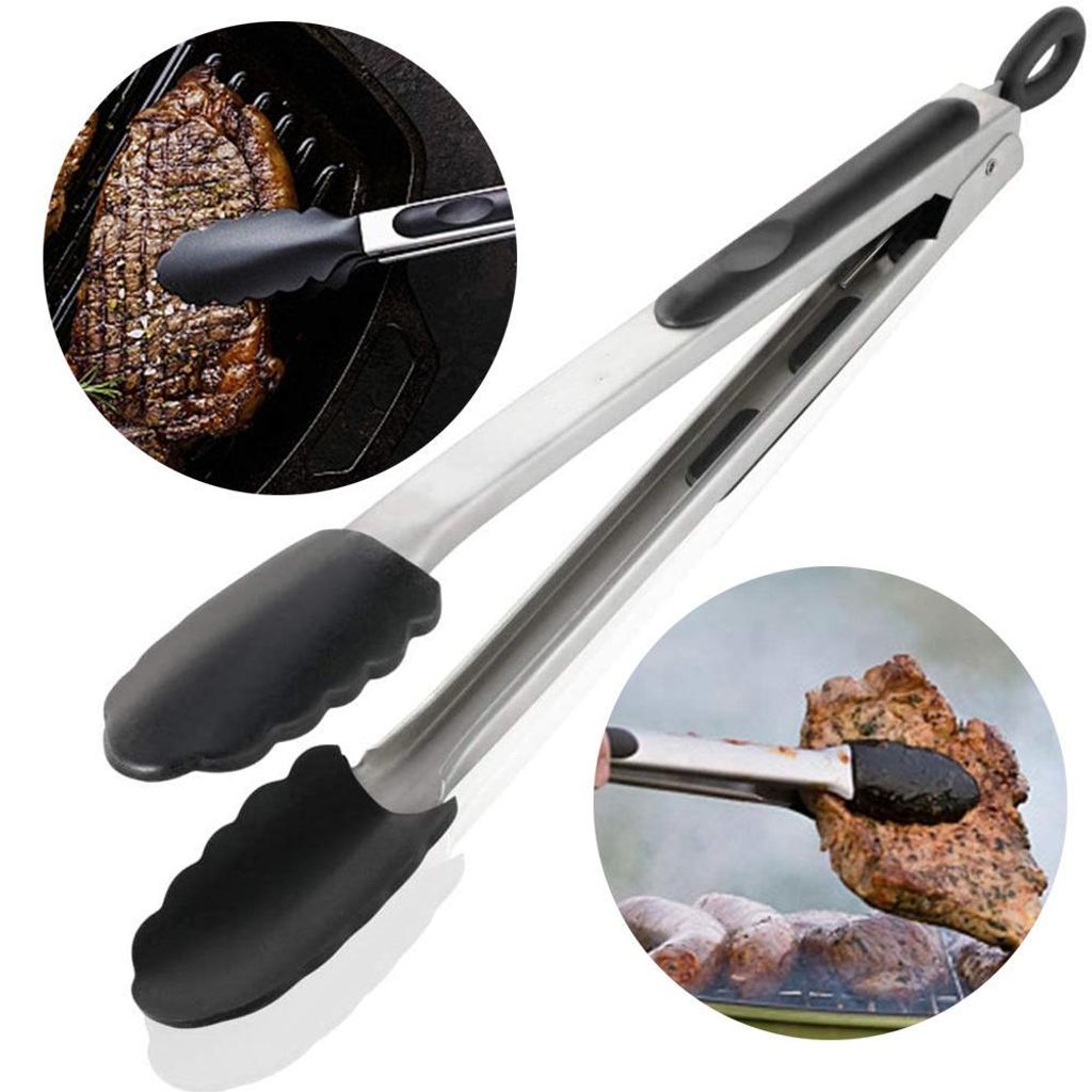 Küchenzange mit hitzebeständigen, antihaftbeschichteten Silikonspitzen (bis 600oF) und Edelstahlgriff, zum Grillen, für Salate, zum Barbecue un...