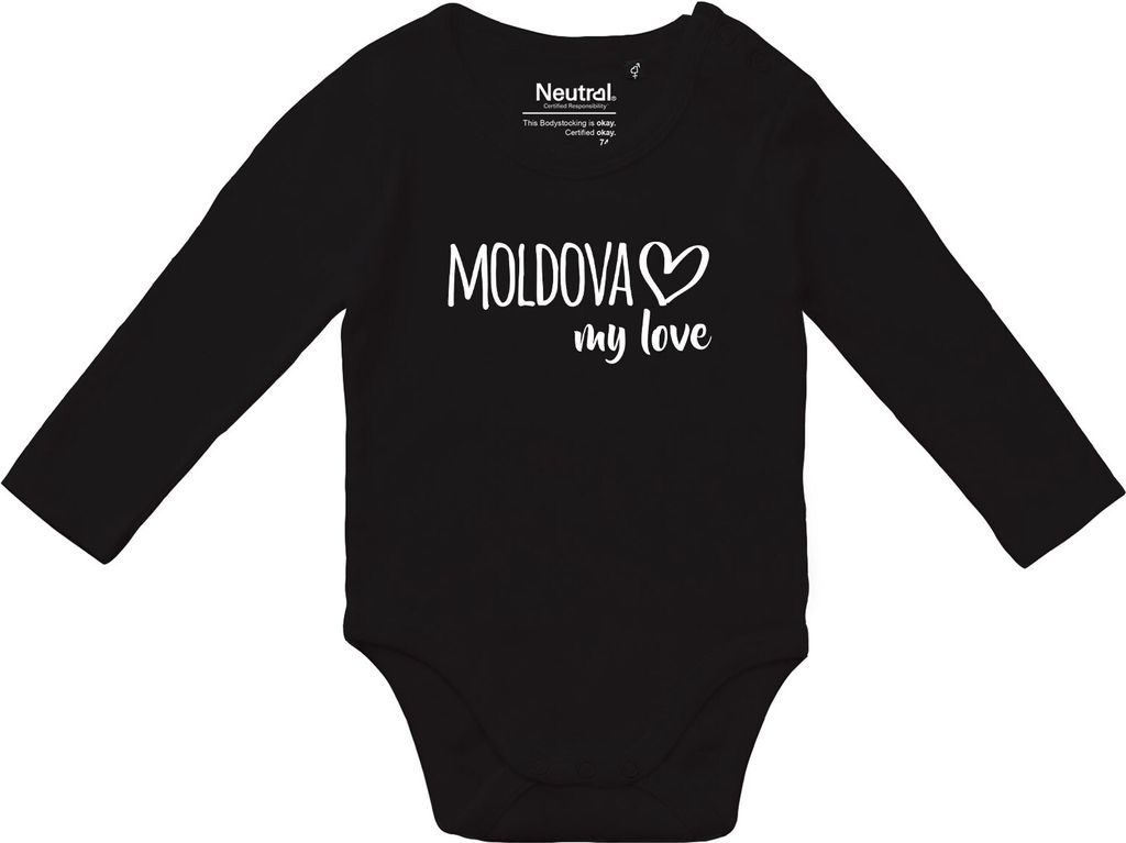 Huuraa Baby Body Moldova my love 62 Black Baumwolle Fairtrade Langarmbody Geschenkidee