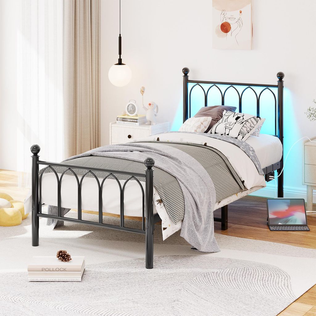 MODFU Metallbett 90x200 LED-Bettrahmen mit USB-Anschlüsse,Einzelbett ohne Matratze,Metallplattformbettrahmen mit Stützbeinen und 13 Metalllamelle...