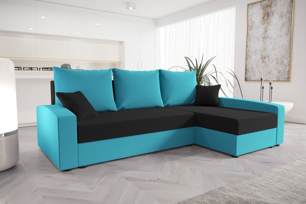 Roe Furniture | Sofa - Ecksofa 231 cm - CHIEVO - Schwarz und Blau - L-Form - Schlafsofa mit Stauraum - Modernes Design - Sofabett - Couch
