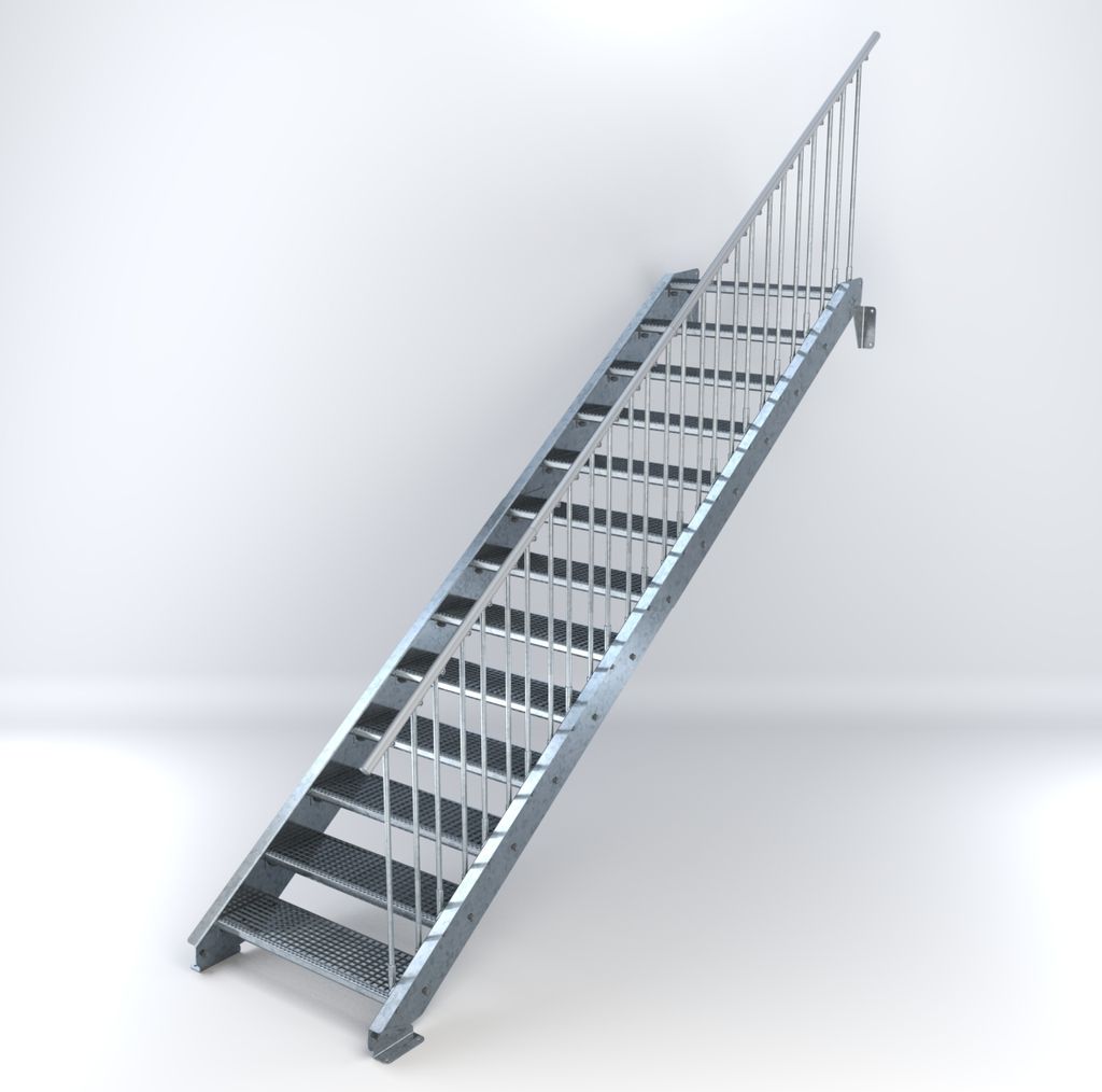 Stahltreppe 13 Stufen bis Höhe 260 cm, Laufbreite : 90 cm Geländer rechts ST 2 (31 / 31 mm gezackt)