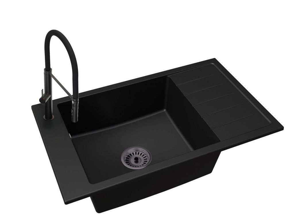 Küchenspüle Einbecken LUIS mit Abtropffläche + Siphon Schwarz + Armatur FULL Schwarz