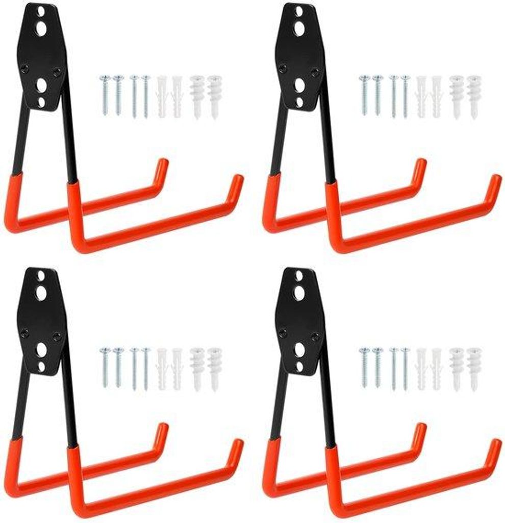 Garagemuurhaken 4-pack, oranje, groot, robuuste garagehaken, dubbele garage-opberghaken