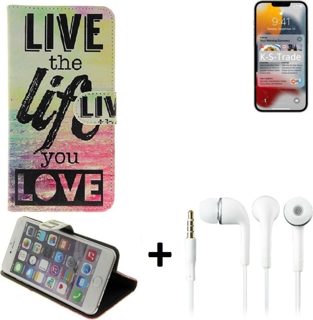 K-S-Trade Schutz Hülle kompatibel mit Apple iPhone 13 Pro Max 360° Wallet Case ''live life love'' Tasche Handy Hülle Etui Smartphone Flip cover