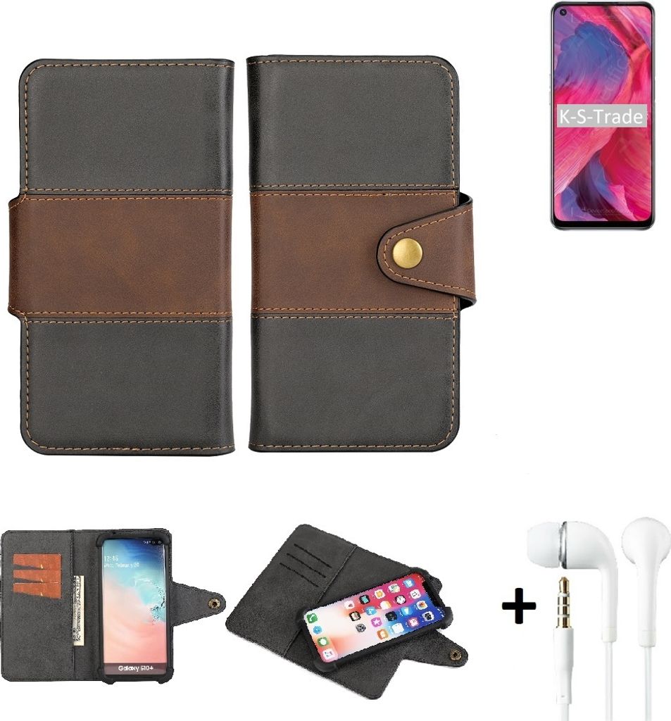 K-S-Trade Handyhülle Schutzhülle Bookstyle Wallet-Case kompatibel mit Oppo A74 5G + earphones Bumper rundumschutz schwarz-braun 1x
