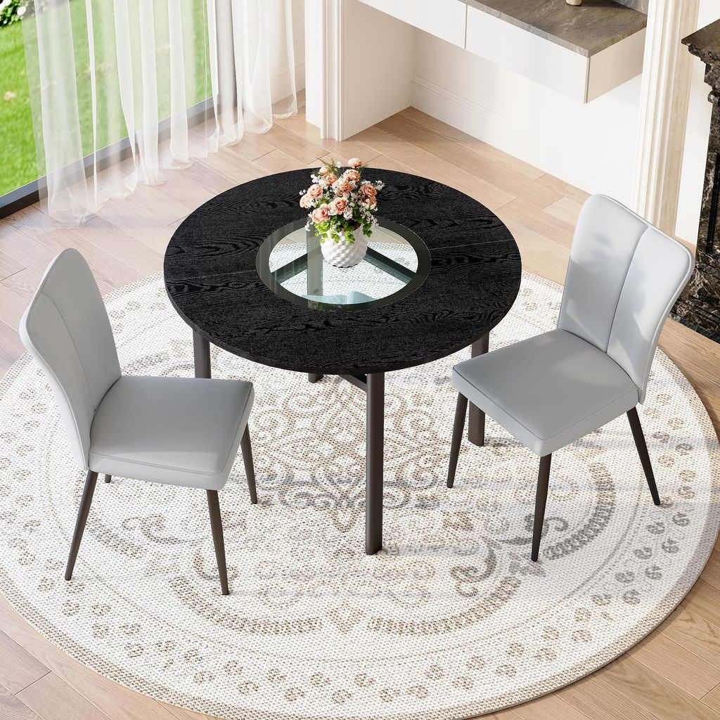 MODFU Esszimmerstuhl Set,Küchenstuhl mit 2 Stühle hellgrauen und Esstisch in schwarzer Holzoptik,Runder Tisch mit 100 cm,Sessel mit schwarzen Met...
