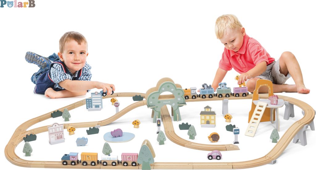 Viga Polarb Kindereisenbahngleis aus Holz, 90 Teile