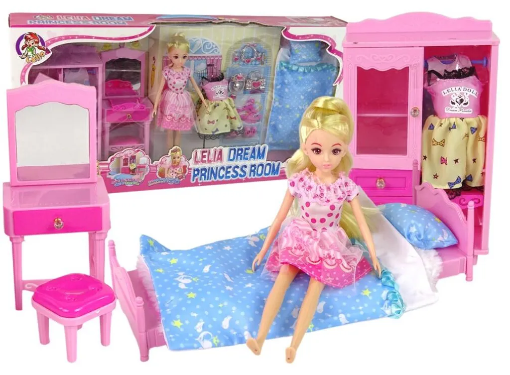 Mobilier pour poupée comprenant un lit une armoire et kit de toilette