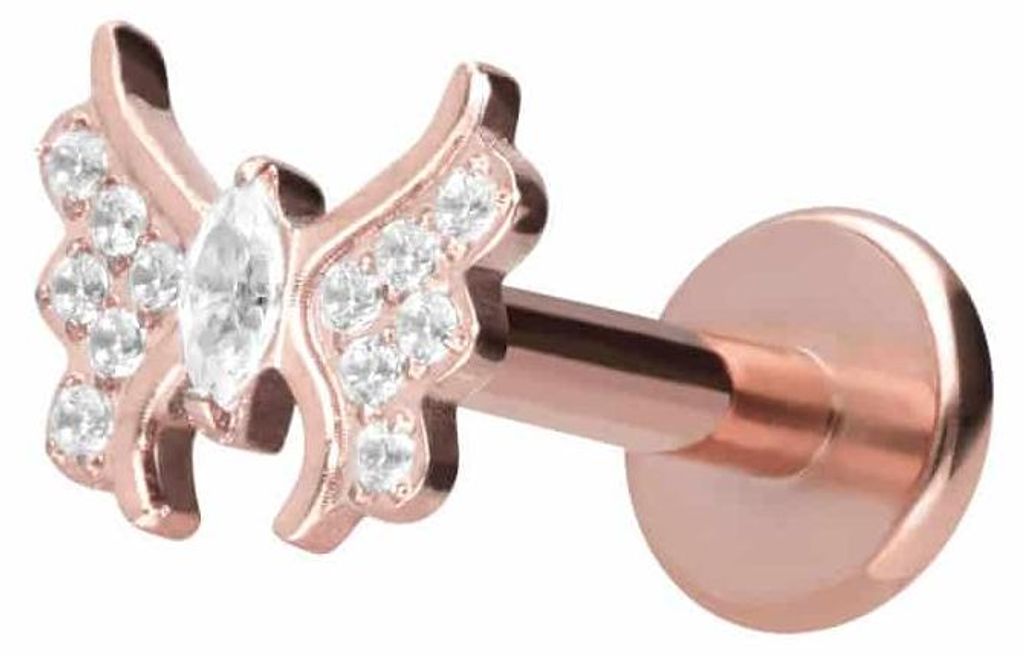 Ohrpiercing, Nasenpiercing Titan Labret mit Innengewinde KRISTALLSCHMETTERLING RoséGold Stablänge: 6mm | Stabstärke: 1,2mm