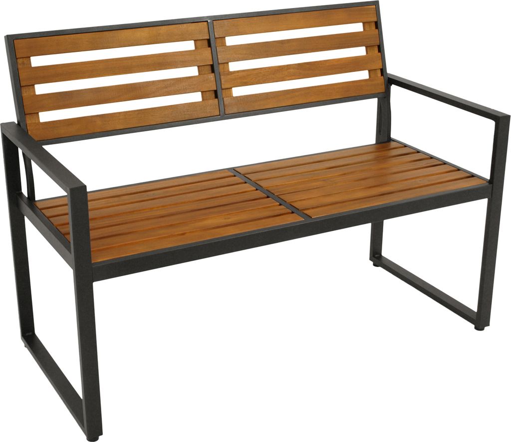 A product shot of a two-seater garden bench with a metal frame and wooden slats.