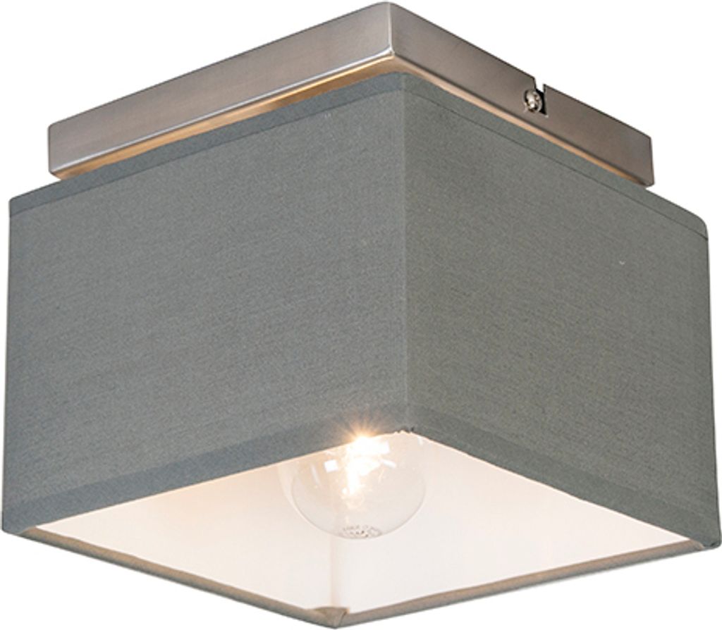 QAZQA - Moderne Deckenleuchte I Deckenlampe I Lampe I Leuchte stahl I nickel matt mit grauem Schirm - VT I Wohnzimmer I Schlafzimmer - Textil Quadr...