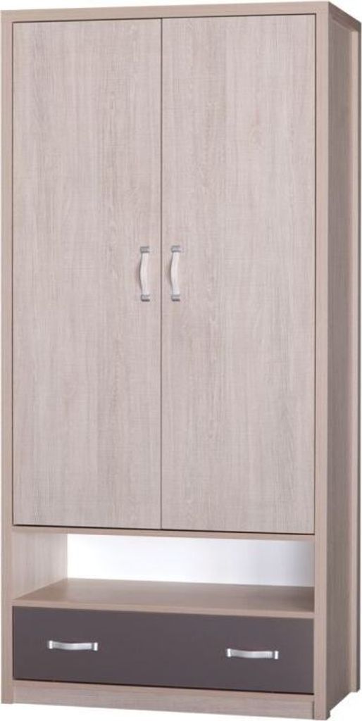 Drehtürenschrank / Kleiderschrank für Jugendzimmer Tobias 01, Farbe Braun / Grau, 190 x 90 x 51 cm, 2 Türen, 1 Kleiderstange, 1 Schublade, 4 Griffe