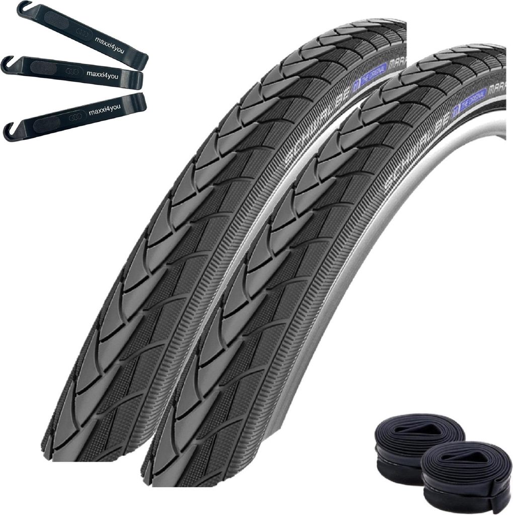 2 x Schwalbe Marathon Fahrradreifen PLUS Performance SmartGuard E-25 Schwarz 47-507 (24 x 1.75) + 2 x Schwalbe Schläuche AV9 inkl. maxxi4you Reife...