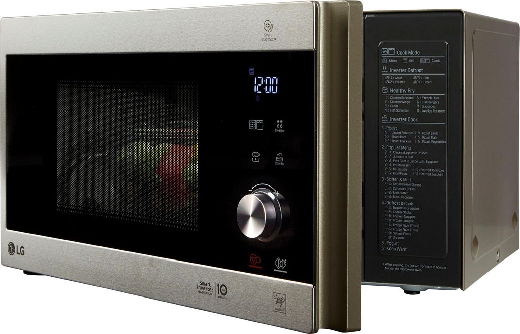 A silver LG microwave oven is shown from a three-quarter angle, with its door slightly ajar revealing food inside. The right side of the microwave shows a panel with text and diagrams.
