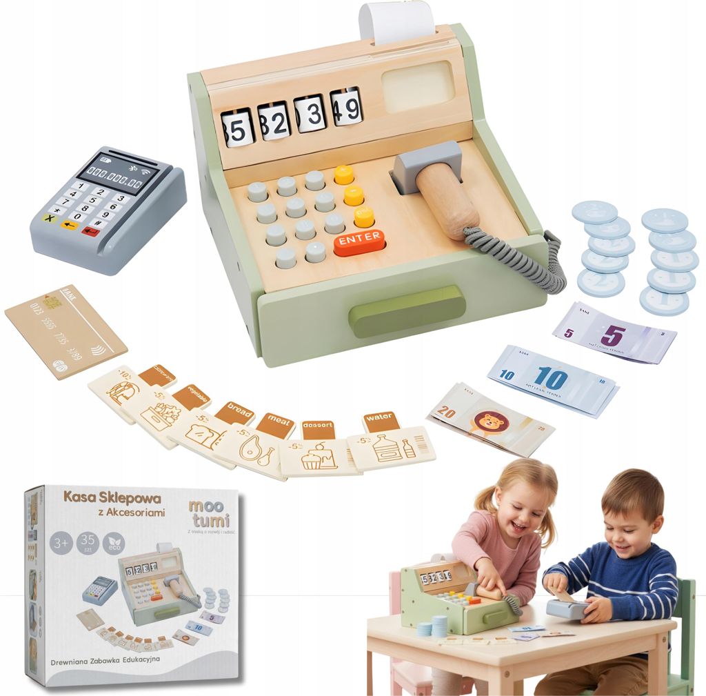 Holz-Kassenregister Für Kinder Mit Zubehör Ladenspiel 35 Produktbild 