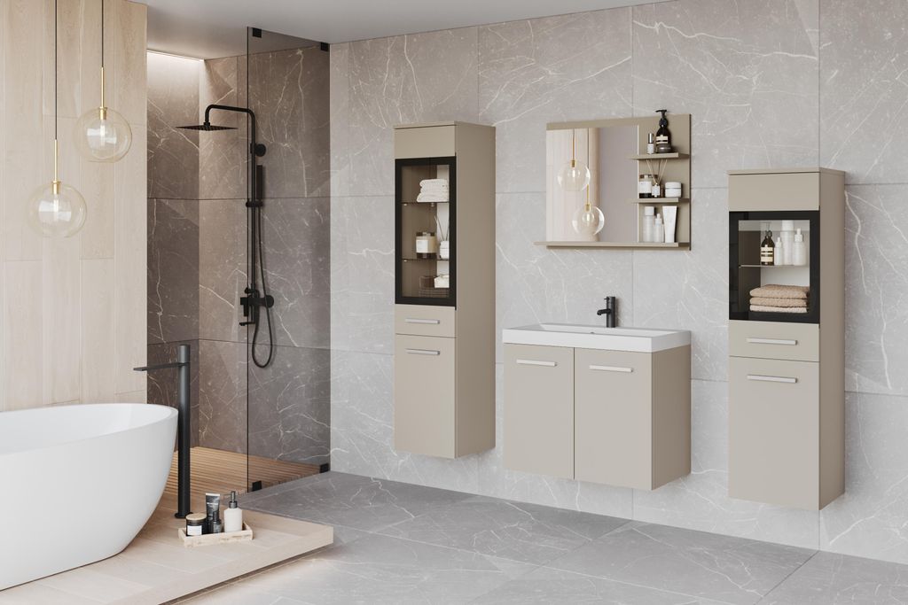 MINIO go for it, Badezimmermöbel Set "MARIT I", Badezimmer, mit Waschbecken, ohne LED-Beleuchtung, Beige Kaschmir Farbe