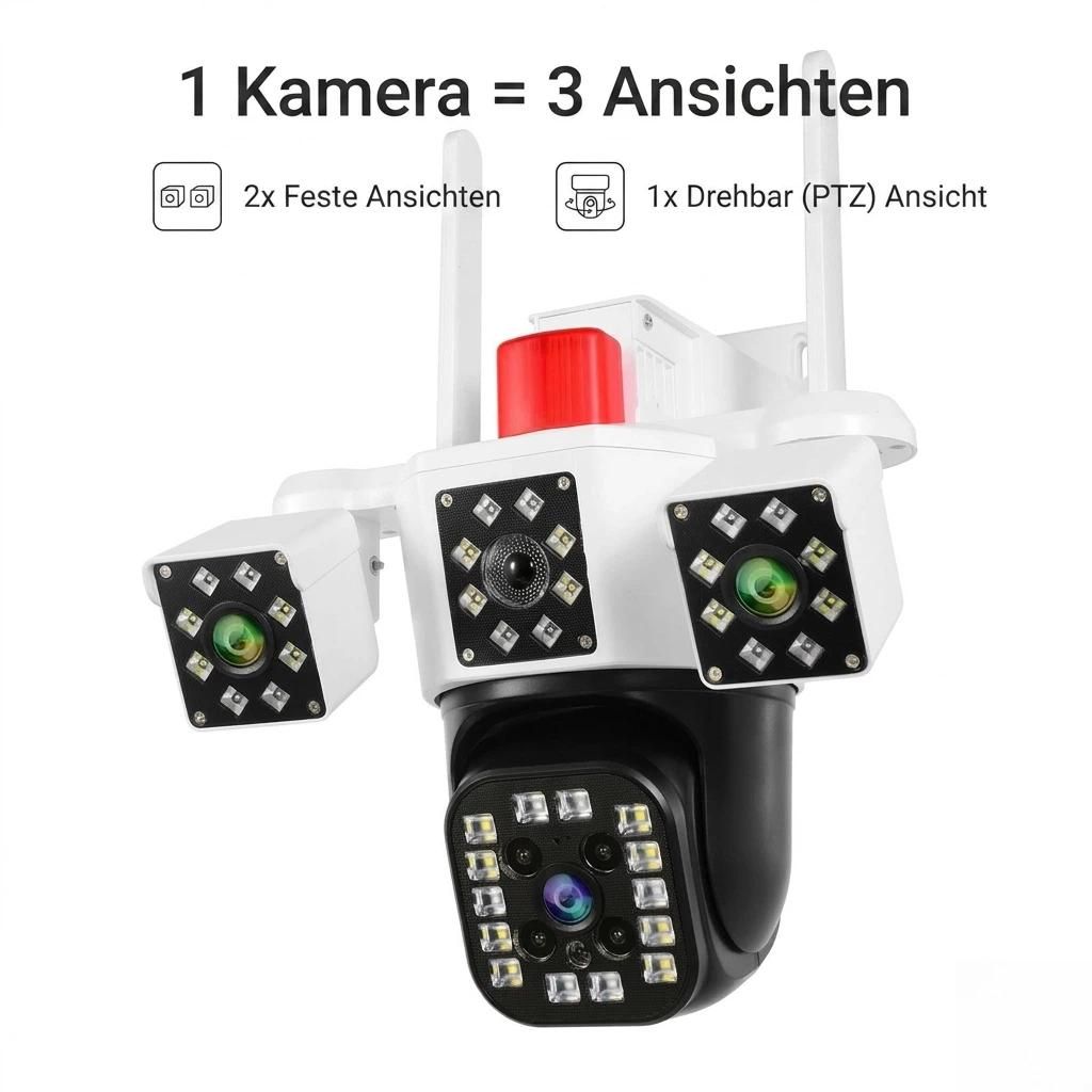 3 Linsen WLAN Überwachungskamera Außen 6MP PTZ 360° Panorama Kamera mit Farbnachtsicht, KI Personenmerkung, Zwei-Wege-Audio