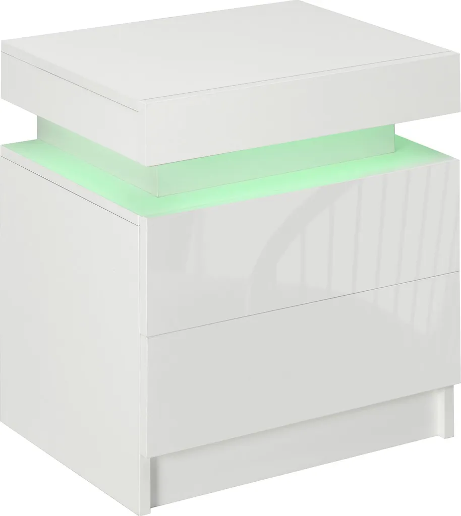 HOMCOM Table de Chevet Blanche avec LED RVB et 2 Tiroirs Brillants