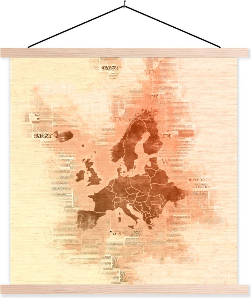 MuchoWow Textilposter Europa-Karte - Aquarell - Braun - Zeitung 40x40 cm mit holzfarbenen Rahmen - Posterleiste