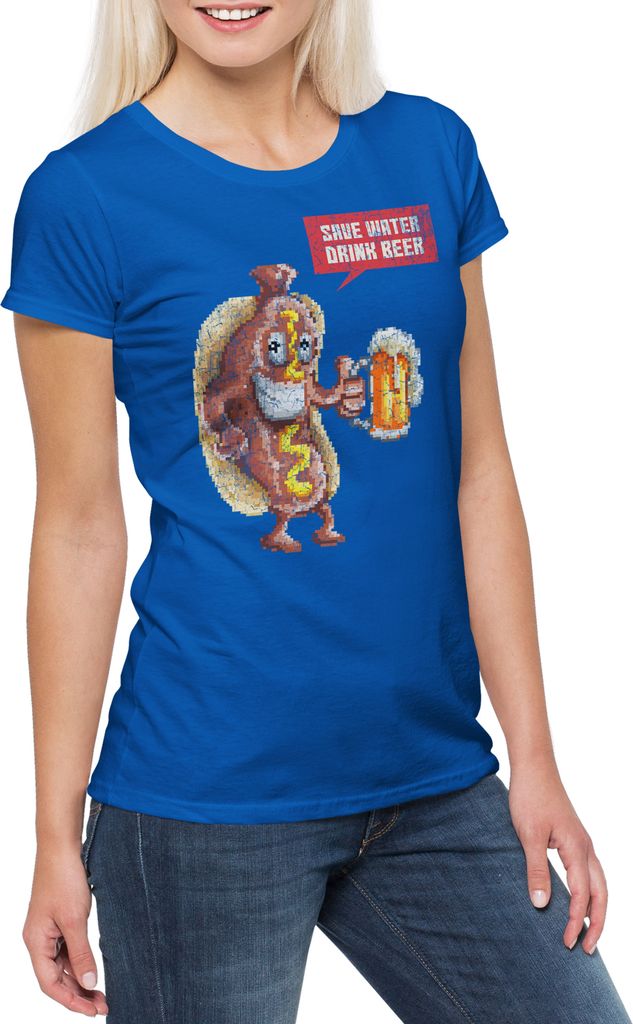 Urban Backwoods Hotdog Save Water Drink Beer, Damen T-Shirt, Farbe: Royalblau, Größe: 2XL