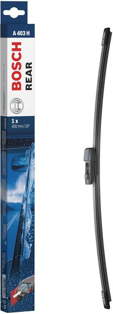 A product shot of a Bosch rear windshield wiper and its packaging.