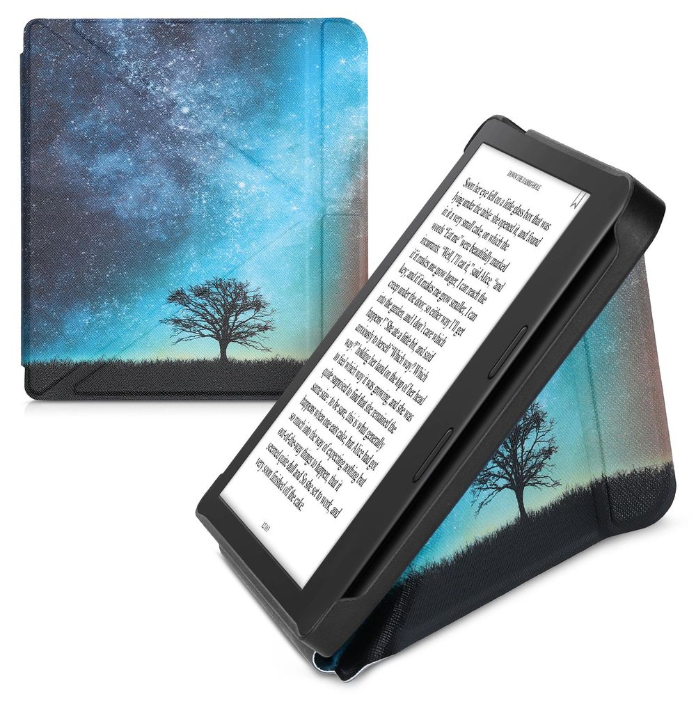 kwmobile Kunstleder eReader Schutzhülle für Tolino Vision 6 Hülle - Falt Cover für E-Reader in Blau Grau Schwarz - Galaxie Baum Wiese